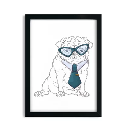 1190G Quadro Decorativo Cachorro Pug com Gravata e Óculos moldura preta