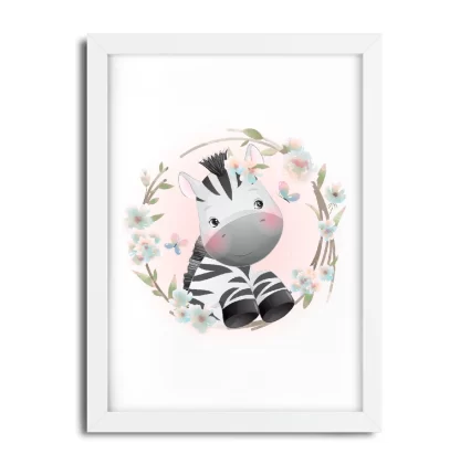 4633G10 Quadro Decorativo Infantil Zebrinha com Flores e Borboletas moldura branca
