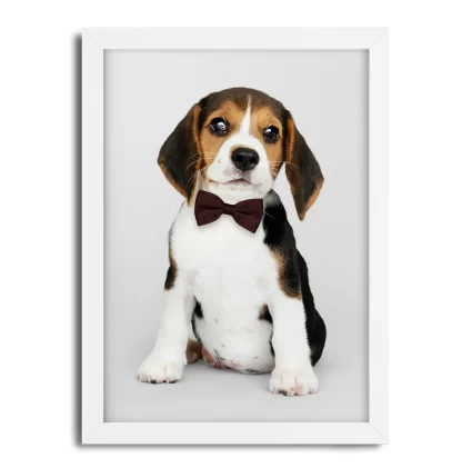 1001 Quadro Decorativo Cachorrinho Beagle de Gravata Borboleta moldura branca