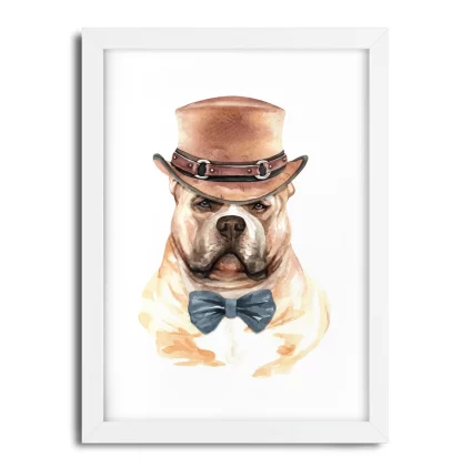 1009 Quadro Decorativo Cachorro Bulldog Inglês de Chapéu e Gravata moldura branca