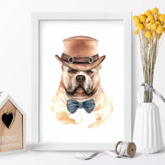 1009 Quadro Decorativo Cachorro Bulldog Inglês de Chapéu e Gravata realista