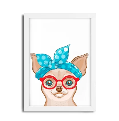 1012 Quadro Decorativo Cachorra Chihuahua com Lenço e Óculos moldura branca