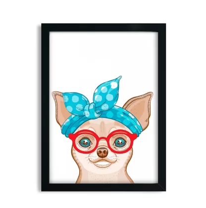 1012 Quadro Decorativo Cachorra Chihuahua com Lenço e Óculos moldura preta