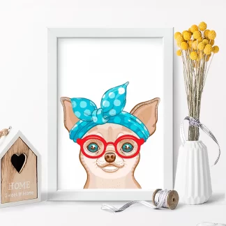 1012 Quadro Decorativo Cachorra Chihuahua com Lenço e Óculos realista