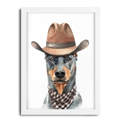 1028 Quadro Decorativo Cachorro Dobermann Cowboy moldura branca