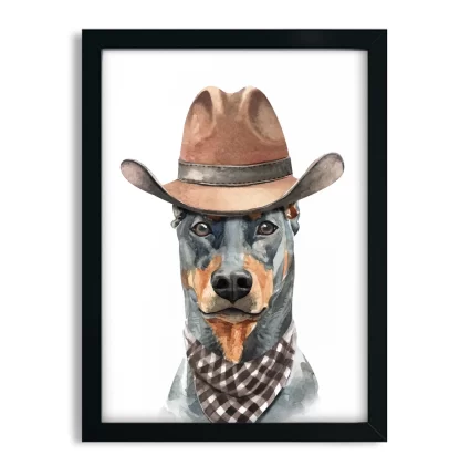 1028 Quadro Decorativo Cachorro Dobermann Cowboy moldura preta
