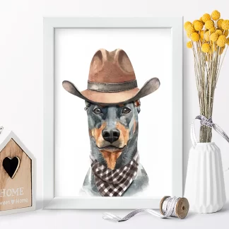 1028 Quadro Decorativo Cachorro Dobermann Cowboy realista