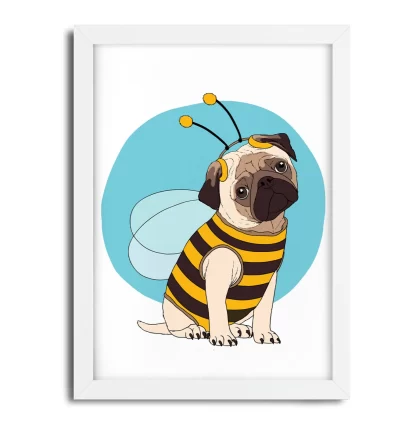 1031 Quadro Decorativo Cachorro Pug Abelhinha Bee Dog moldura branca
