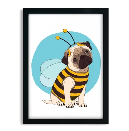 1031 Quadro Decorativo Cachorro Pug Abelhinha Bee Dog moldura preta