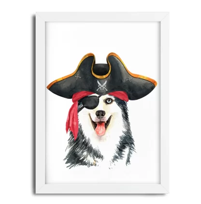 1041 Quadro Decorativo Divertido Cachorro Husky Siberiano Pirata moldura branca