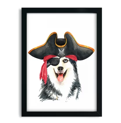 1041 Quadro Decorativo Divertido Cachorro Husky Siberiano Pirata moldura preta