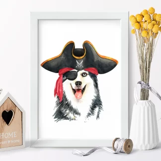 1041 Quadro Decorativo Divertido Cachorro Husky Siberiano Pirata realista