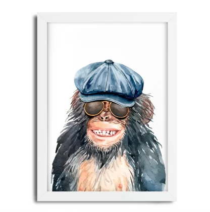 1043 Quadro Decorativo Macaco de Óculos e Boné Rindo moldura branca