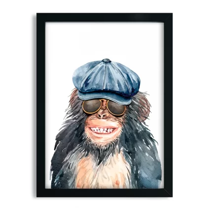 1043 Quadro Decorativo Macaco de Óculos e Boné Rindo moldura preta