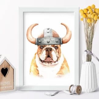 1050 Quadro Decorativo Divertido Cachorro Bulldog Viking realista