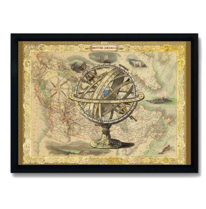 Quadro Decorativo com Globo e Mapa Antigos Moldura Preta