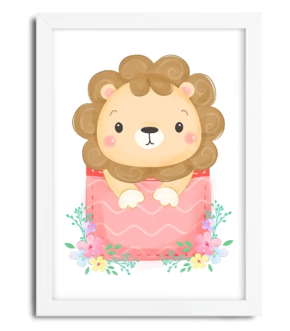 4105g4 quadro decorativo infantil leãozinho com flores moldura branca