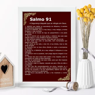 QFG111 Quadro Decorativo Evangélico Salmo 91 Vinho e Dourado Realista