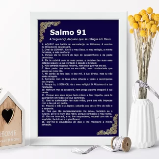 Quadro Decorativo Evangélico Salmo 91 Azul e Dourado SKU QFG109 realista