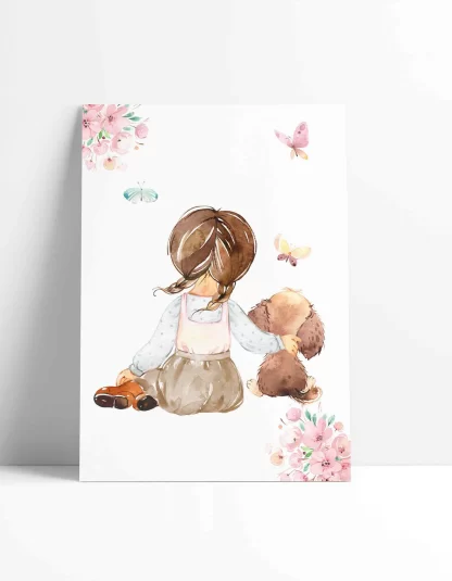 Quadro Decorativo Menina e cachorrinho aquarela flores