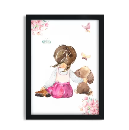 Quadro Decorativo Menina e cachorrinho aquarela flores SKU: 04aq2