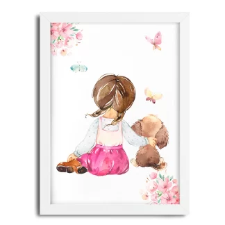 Quadro Decorativo Menina e cachorrinho aquarela flores SKU: 04aq2