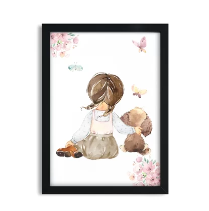 Quadro Decorativo Menina e cachorrinho aquarela flores