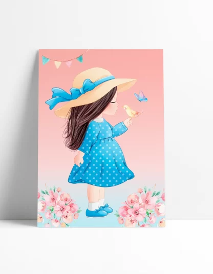 4186g2 quadro decorativo infantil menina segurando passarinho realista