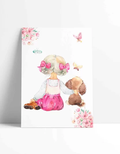 Quadro Decorativo Menina e cachorrinho aquarela flores SKU: 06aq