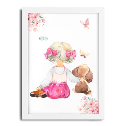 Quadro Decorativo Menina e cachorrinho aquarela flores SKU: 06aq