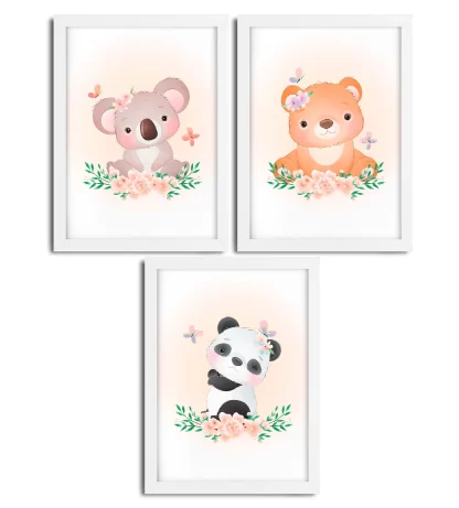 Kit 3 Quadros Infantil Floresta Ursinho Panda e Coala SKU: 4634Akit3