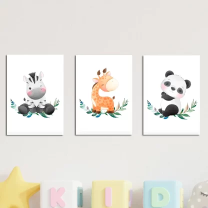 Kit 3 Quadros Infantil Animais Zebra Panda e Girafa SKU: 4634CKIT4