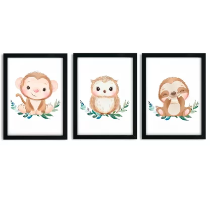 Kit 3 Quadros Infantil Animais Macaco Coruja e Preguiça SKU: 4634CKIT6