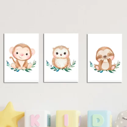 Kit 3 Quadros Infantil Animais Macaco Coruja e Preguiça SKU: 4634CKIT6