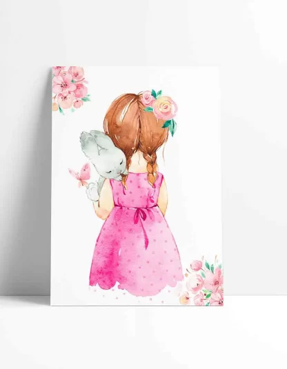 placa decorativa Menina e Coelhinho aquarela flores