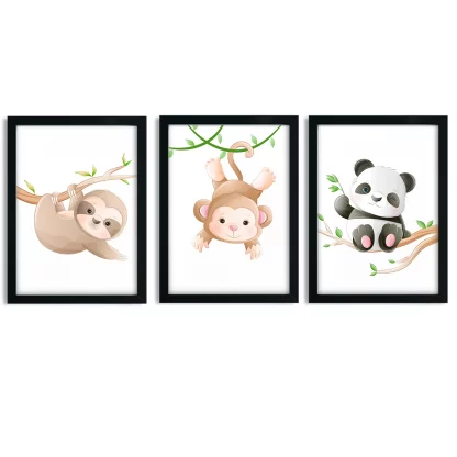 Kit 3 Quadros Decorativos Infantil Macaquinho Panda e Bicho Preguiça SKU: 5050kit3