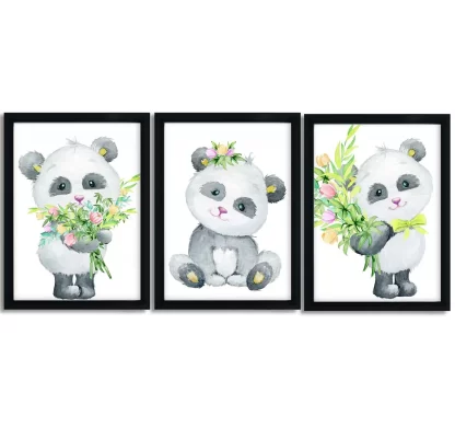 Kit 3 Quadros Decorativos Infantil Urso Panda Aquarela SKU: 4436k