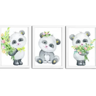 Kit 3 Quadros Decorativos Infantil Urso Panda Aquarela SKU: 4436k