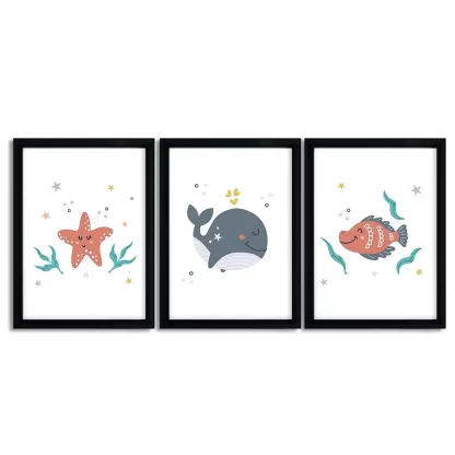 Kit 3 Quadros Decorativos Infantil Animais do Mar SKU: 4536k2