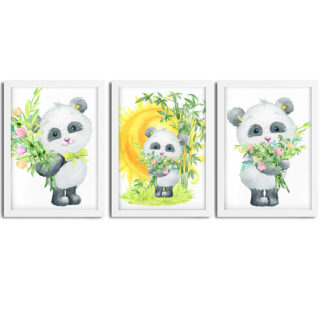 Kit 3 Quadros Decorativos Infantil Urso Panda Aquarela SKU: 4461k