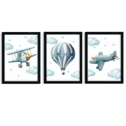 Kit 3 Quadros Decorativos Aviação Avião e Balão SKU: 6186k1