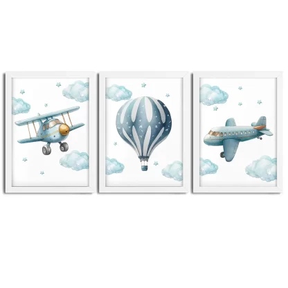 Kit 3 Quadros Decorativos Aviação Avião e Balão SKU: 6186k1