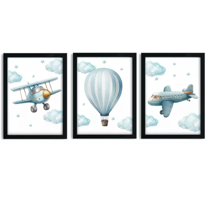Kit 3 Quadros Decorativos Aviação Avião e Balão SKU: 6186k2
